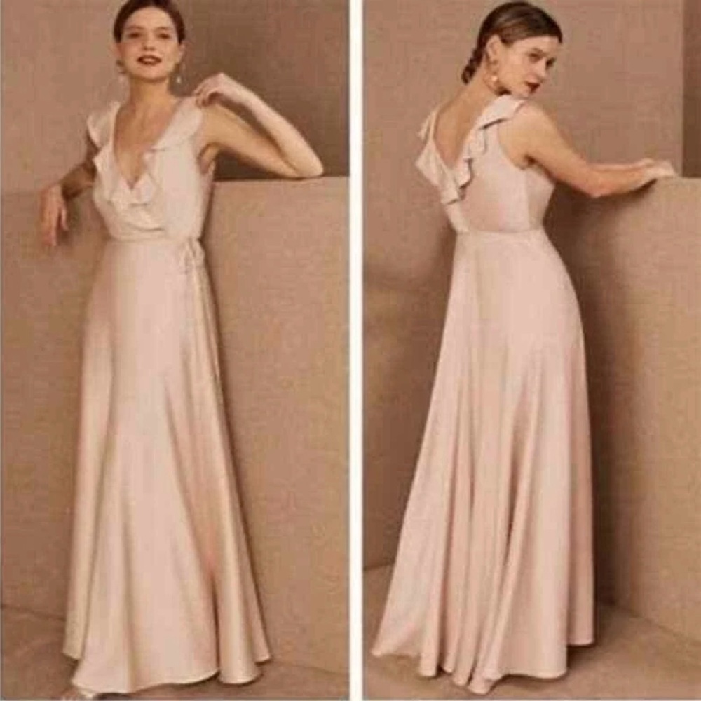 Sachin & Babi Tansy Satin Charmeuse Blush Formal Wrap Gown Size 16